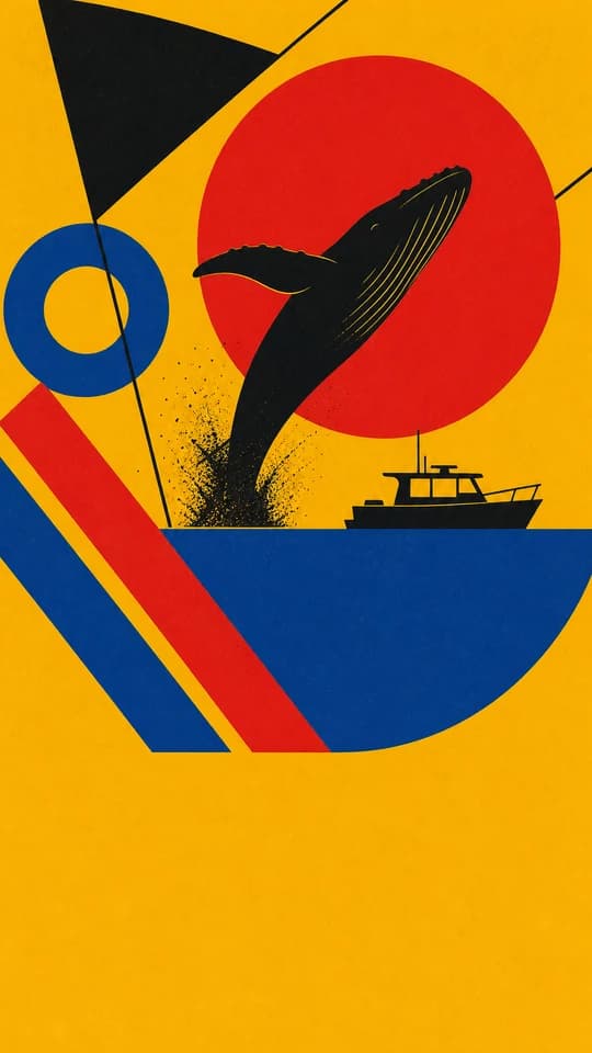 A whale breaching at golden hour, drawn as a whole screen in the Bauhaus style