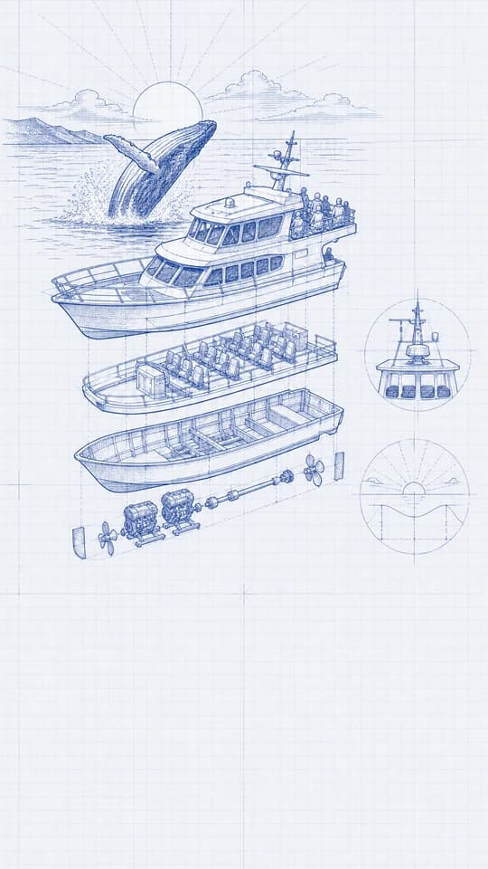 A whale breaching at golden hour, drawn as a whole screen in the Patent lines style