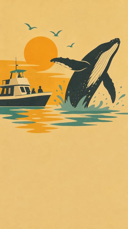 A whale breaching at golden hour, drawn as a whole screen in the Mid-century style
