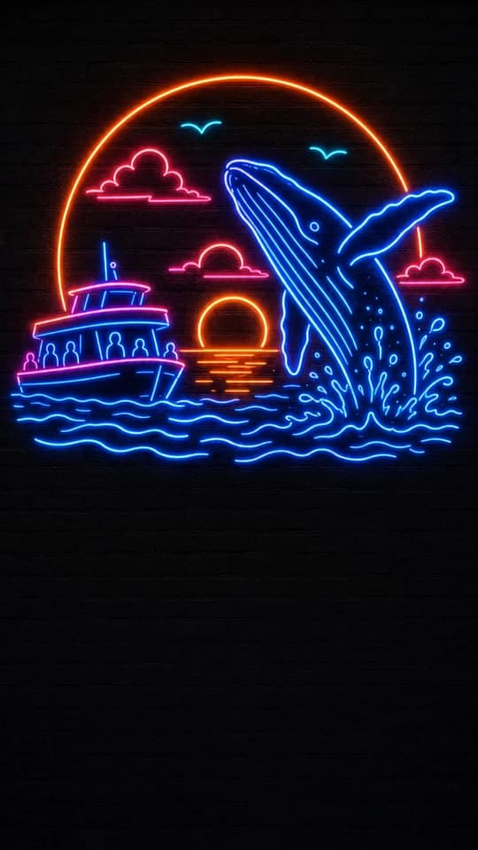 A whale breaching at golden hour, drawn as a whole screen in the Neon style