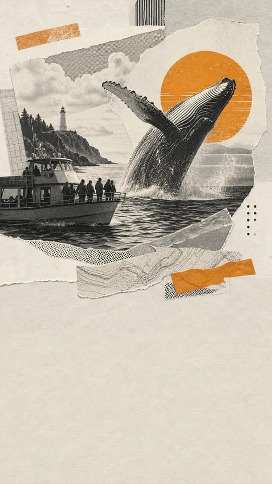 A whale breaching at golden hour, drawn as a whole screen in the Paste-up style