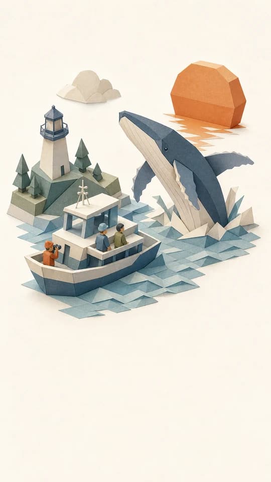 A whale breaching at golden hour, drawn as a whole screen in the Miniatures style