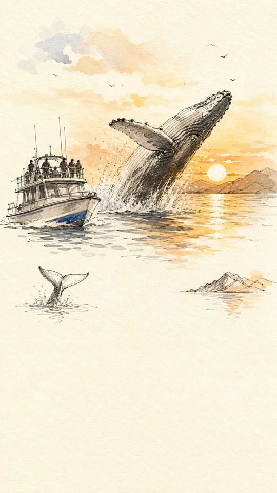 A whale breaching at golden hour, drawn as a whole screen in the Field sketch style