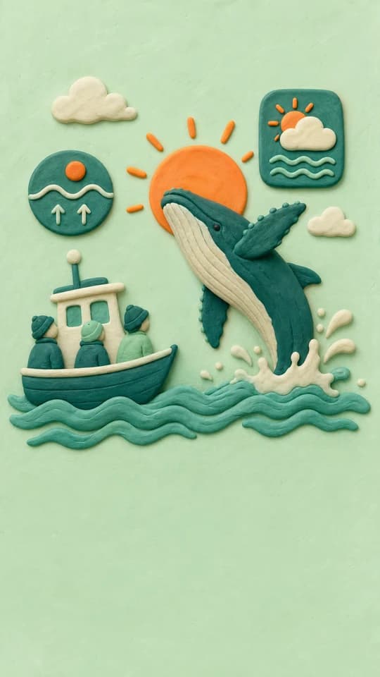 A whale breaching at golden hour, drawn as a whole screen in the Plasticine style