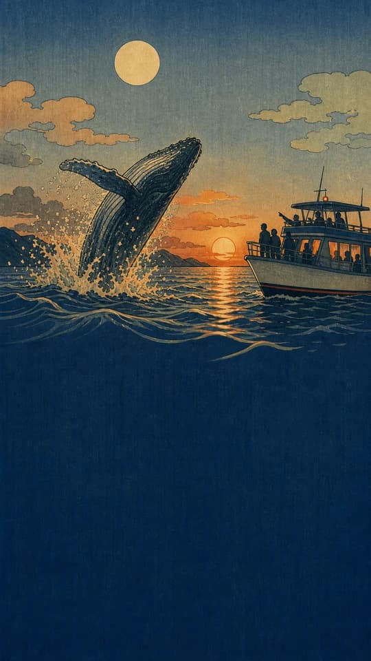 A whale breaching at golden hour, drawn as a whole screen in the Woodblock style